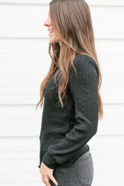 Discount Dear-Lover Solid Color Ruffled High Neck Long Sleeve Top Black