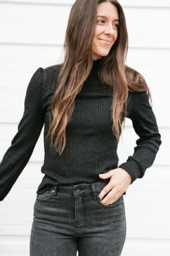 Discount Dear-Lover Solid Color Ruffled High Neck Long Sleeve Top Black