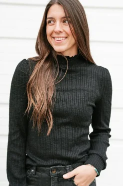 Discount Dear-Lover Solid Color Ruffled High Neck Long Sleeve Top Black