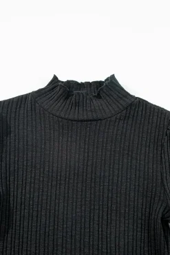 Discount Dear-Lover Solid Color Ruffled High Neck Long Sleeve Top Black