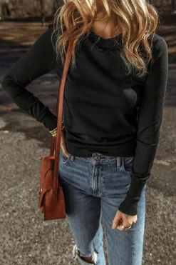 Clearance Dear-Lover Solid Color Slim Fit Lightweight Crew Neck Sweater Black