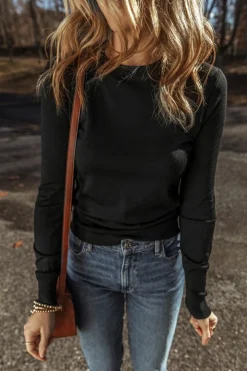 Clearance Dear-Lover Solid Color Slim Fit Lightweight Crew Neck Sweater Black