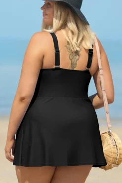 New Dear-Lover Solid Color Square Neck Knotted Plus Size One Piece Swimsuit Black