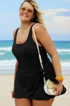 New Dear-Lover Solid Color Square Neck Knotted Plus Size One Piece Swimsuit Black