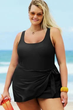 New Dear-Lover Solid Color Square Neck Knotted Plus Size One Piece Swimsuit Black