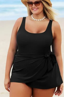 New Dear-Lover Solid Color Square Neck Knotted Plus Size One Piece Swimsuit Black