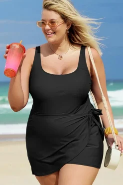New Dear-Lover Solid Color Square Neck Knotted Plus Size One Piece Swimsuit Black