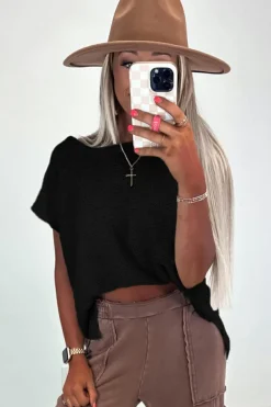 Fashion Dear-Lover Solid Color Sweater Tee with Side Slits Black