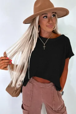 Fashion Dear-Lover Solid Color Sweater Tee with Side Slits Black