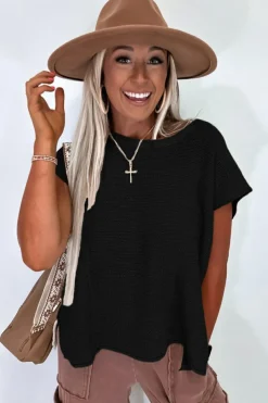 Fashion Dear-Lover Solid Color Sweater Tee with Side Slits Black