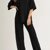 Fashion Dear-Lover Solid Color Textured Buttoned Shirt and Casual Pants Set Black