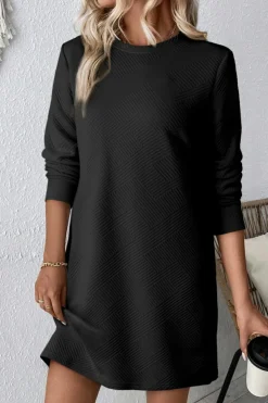 Outlet Dear-Lover Solid Color Textured Long Sleeve Shift Dress Black