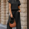 Hot Dear-Lover Solid Color Textured Short Sleeve Top and Casual Pants Set Black