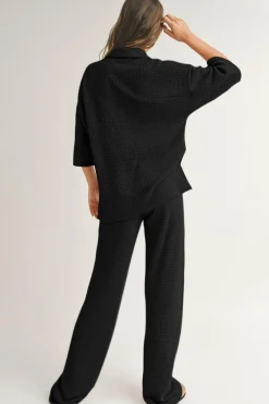 Fashion Dear-Lover Solid Color Textured Buttoned Shirt and Casual Pants Set Black