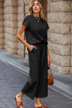 Hot Dear-Lover Solid Color Textured Short Sleeve Top and Casual Pants Set Black