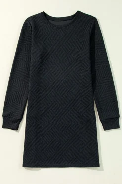 Outlet Dear-Lover Solid Color Textured Long Sleeve Shift Dress Black