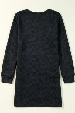 Outlet Dear-Lover Solid Color Textured Long Sleeve Shift Dress Black