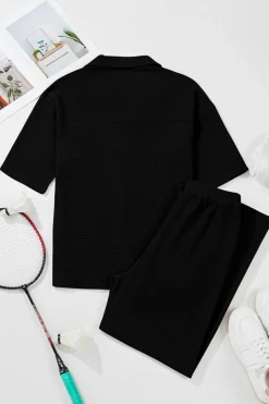 Fashion Dear-Lover Solid Color Textured Buttoned Shirt and Casual Pants Set Black