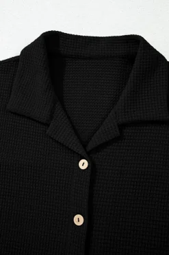 Fashion Dear-Lover Solid Color Textured Buttoned Shirt and Casual Pants Set Black