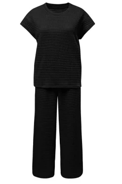 Hot Dear-Lover Solid Color Textured Short Sleeve Top and Casual Pants Set Black