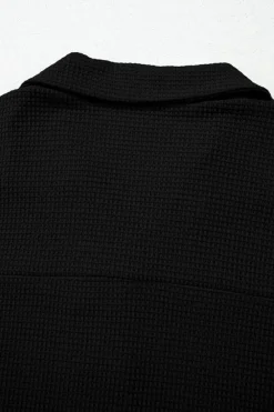 Fashion Dear-Lover Solid Color Textured Buttoned Shirt and Casual Pants Set Black