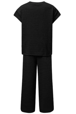 Hot Dear-Lover Solid Color Textured Short Sleeve Top and Casual Pants Set Black