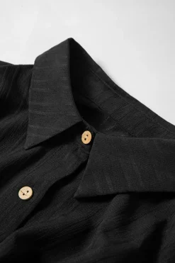 Sale Dear-Lover Solid Color Textured Buttoned Turn Down Collar Shirt Black