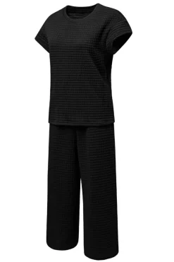 Hot Dear-Lover Solid Color Textured Short Sleeve Top and Casual Pants Set Black