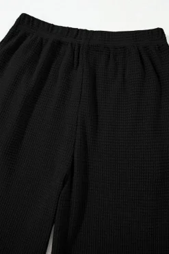 Fashion Dear-Lover Solid Color Textured Buttoned Shirt and Casual Pants Set Black