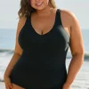 Clearance Dear-Lover Solid Color U Neck Padded Plus Size One Piece Swimsuit Black