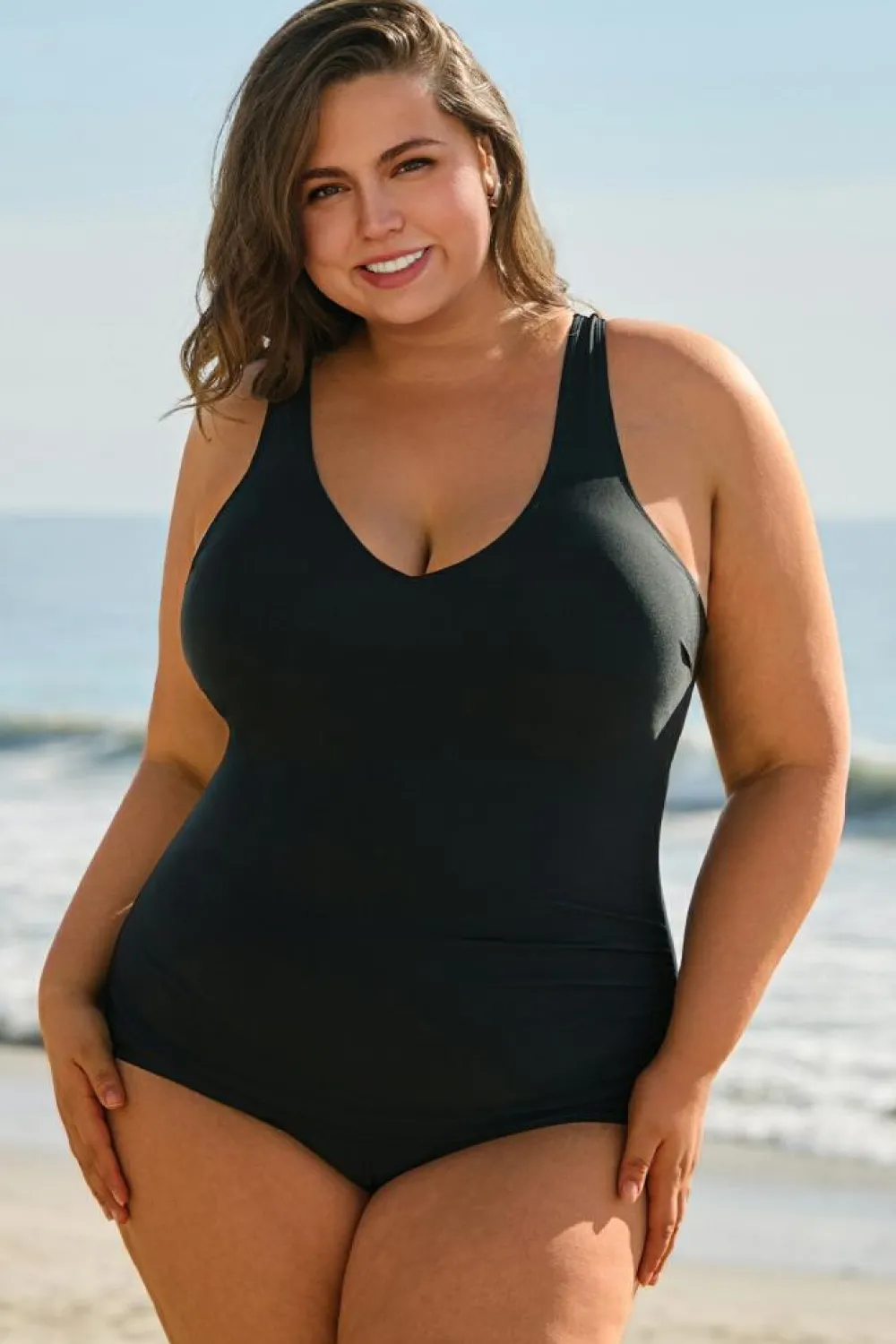 Clearance Dear-Lover Solid Color U Neck Padded Plus Size One Piece Swimsuit Black
