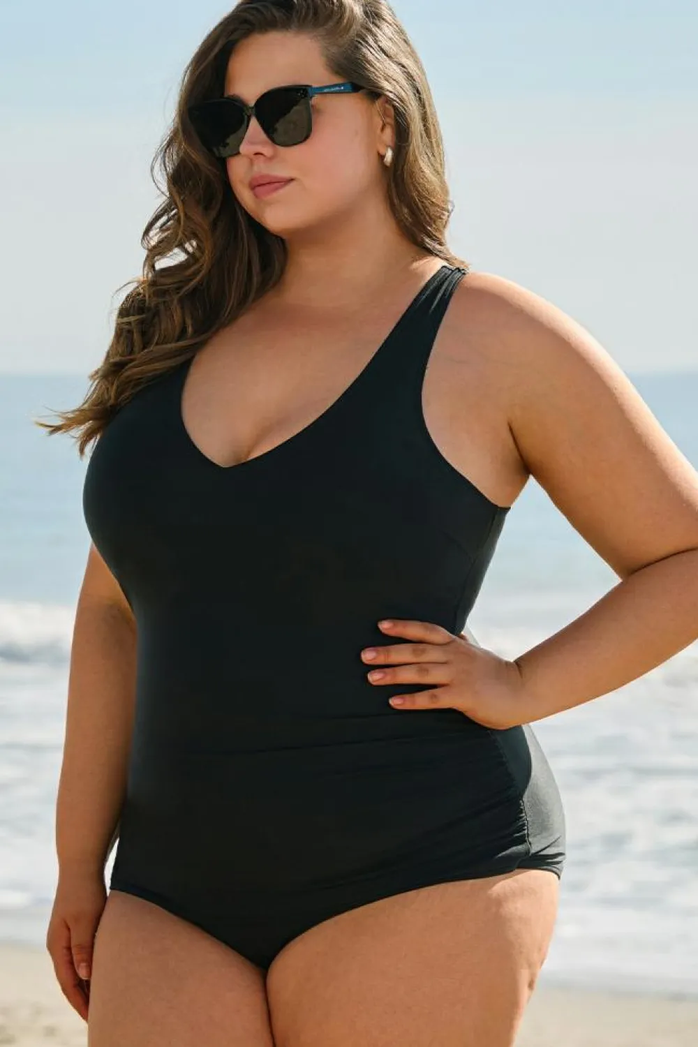 Clearance Dear-Lover Solid Color U Neck Padded Plus Size One Piece Swimsuit Black