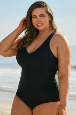 Clearance Dear-Lover Solid Color U Neck Padded Plus Size One Piece Swimsuit Black