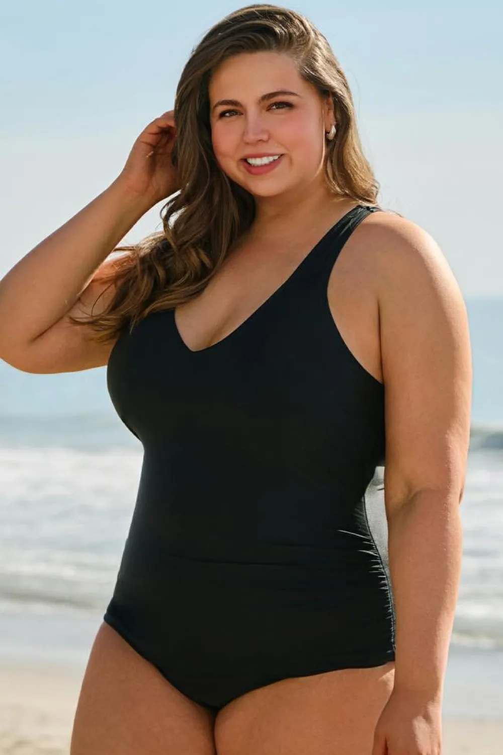 Clearance Dear-Lover Solid Color U Neck Padded Plus Size One Piece Swimsuit Black