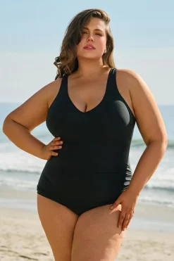 Clearance Dear-Lover Solid Color U Neck Padded Plus Size One Piece Swimsuit Black