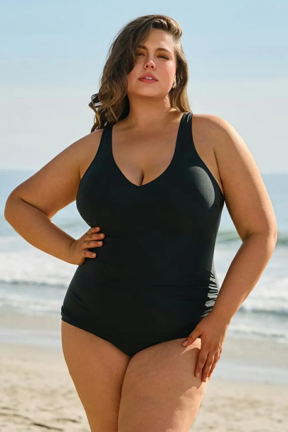 Clearance Dear-Lover Solid Color U Neck Padded Plus Size One Piece Swimsuit Black