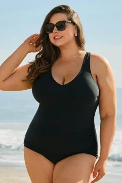 Clearance Dear-Lover Solid Color U Neck Padded Plus Size One Piece Swimsuit Black
