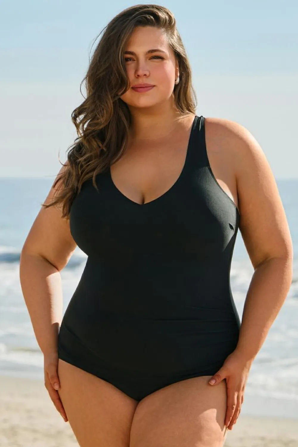 Clearance Dear-Lover Solid Color U Neck Padded Plus Size One Piece Swimsuit Black