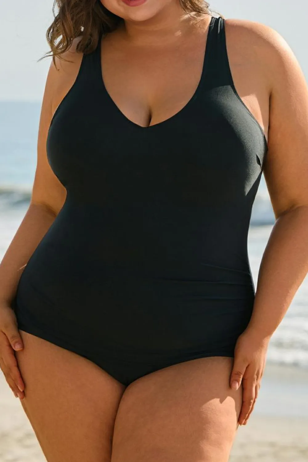 Clearance Dear-Lover Solid Color U Neck Padded Plus Size One Piece Swimsuit Black