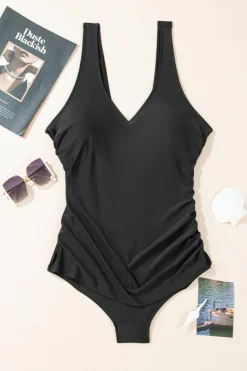 Clearance Dear-Lover Solid Color U Neck Padded Plus Size One Piece Swimsuit Black