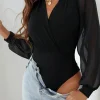 Hot Dear-Lover Solid Color V Neck Wrap Mesh Sleeves Bodysuit Black