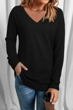 Fashion Dear-Lover Solid Color V Neck Long Sleeve Knit Top Black