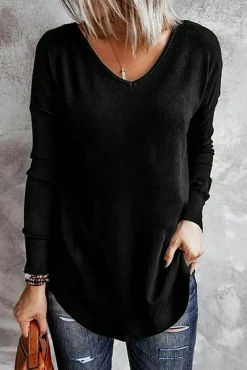 Fashion Dear-Lover Solid Color V Neck Long Sleeve Knit Top Black