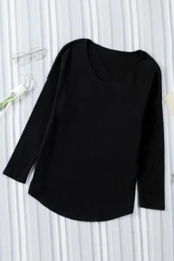 Fashion Dear-Lover Solid Color V Neck Long Sleeve Knit Top Black