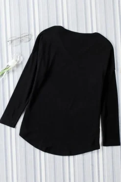 Fashion Dear-Lover Solid Color V Neck Long Sleeve Knit Top Black