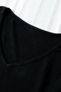 Fashion Dear-Lover Solid Color V Neck Long Sleeve Knit Top Black