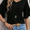 Discount Dear-Lover Solid Colour V-Neck Double Layer Sleeve Loose T-Shirt Black