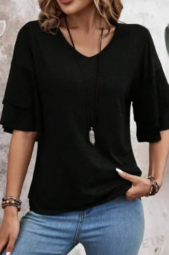 Discount Dear-Lover Solid Colour V-Neck Double Layer Sleeve Loose T-Shirt Black