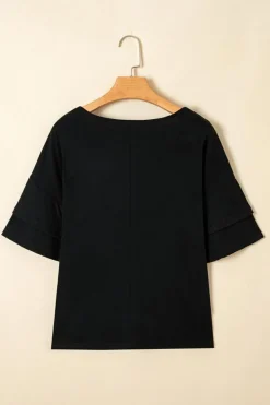 Discount Dear-Lover Solid Colour V-Neck Double Layer Sleeve Loose T-Shirt Black