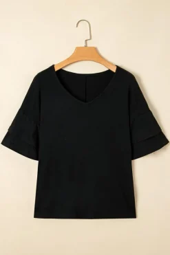 Discount Dear-Lover Solid Colour V-Neck Double Layer Sleeve Loose T-Shirt Black